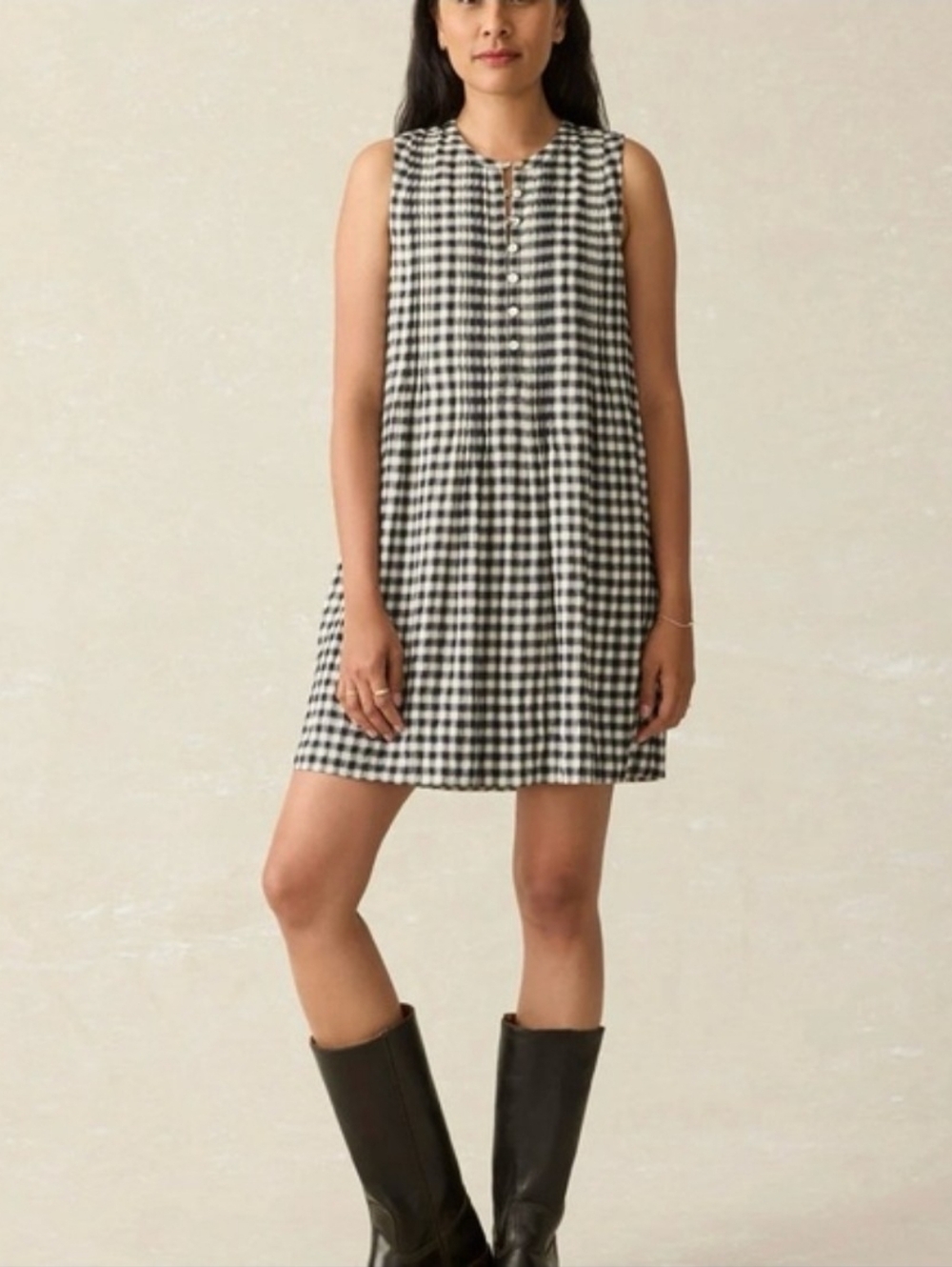 Faherty Isha Gingham Dress L Black White Organic Cotton Swing Mini NWT